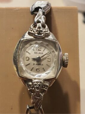 Vtg Belair 21 Jewels Silver Stainless Steel Women's Watch w/ Safety Chain